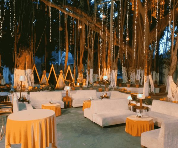 Elegant outdoor lounge setup at The Carlton Hotel
